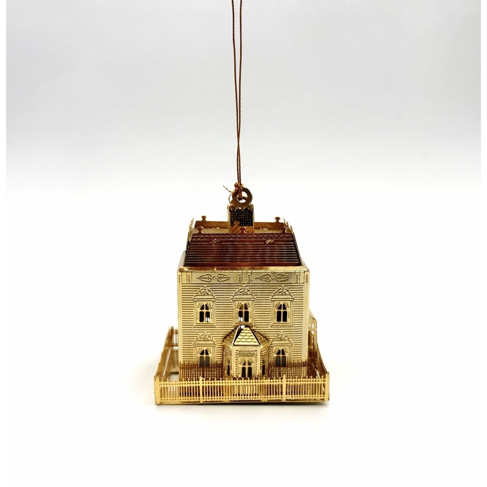 Vintage 3D Brass Filigree Victorian House Christmas Tree Ornament Gold Tone 3"